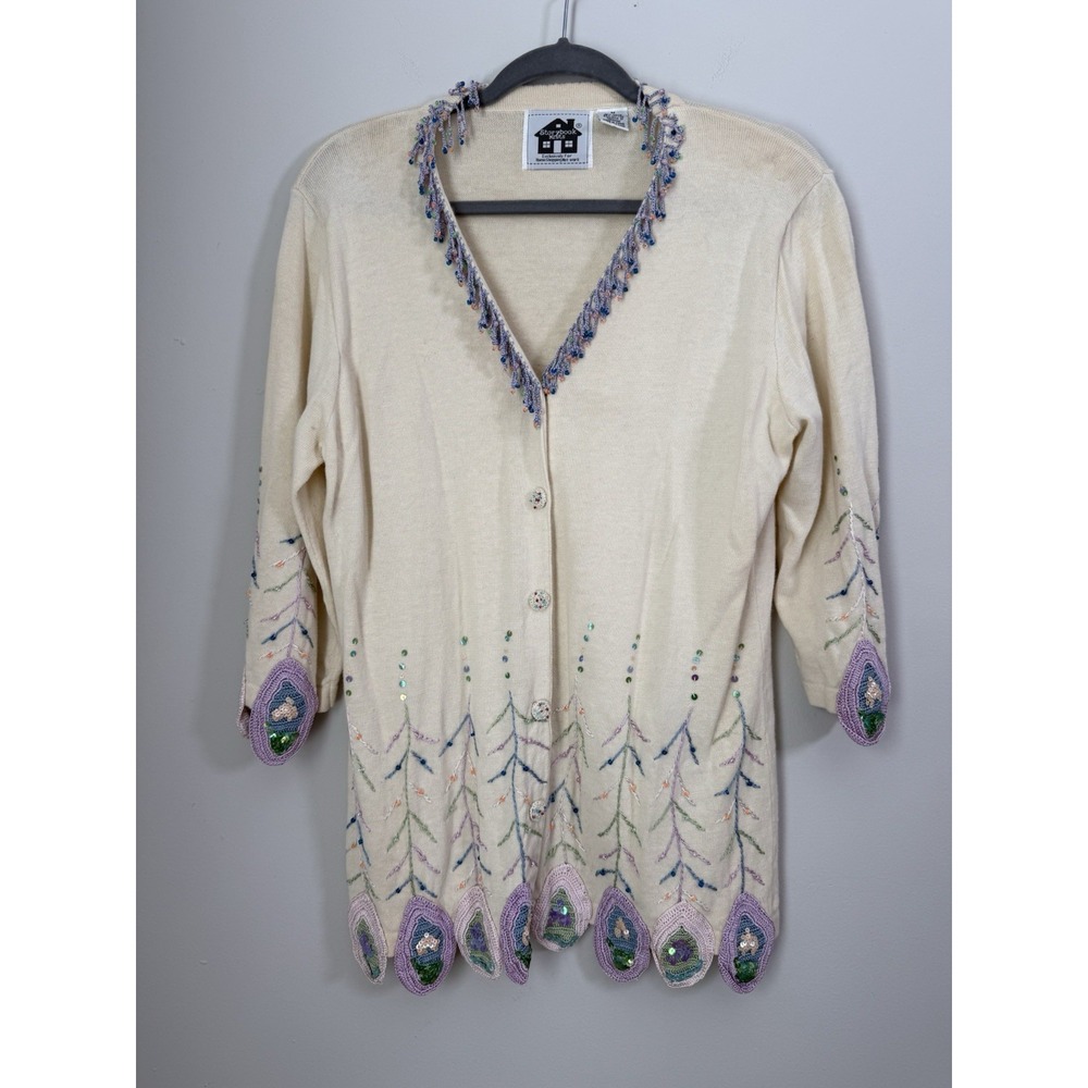 VTG 90s Storybook Knits Peacock Beaded Button Cardigan Sweater Grandmacore Sz M